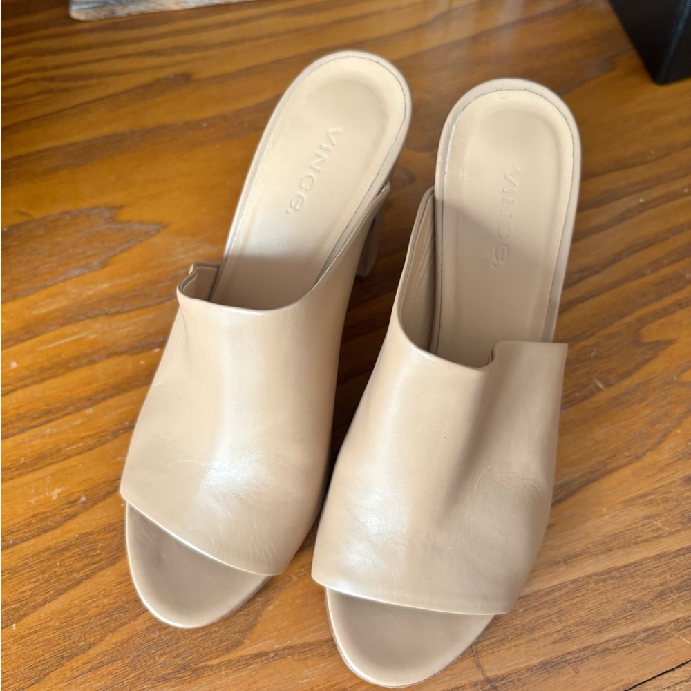 Vince Taupe Open-Toe Leather Mules